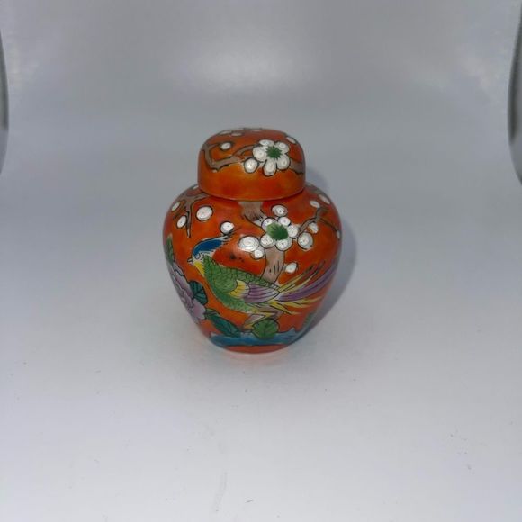 Orange cherry blossom bird floral ginger jar 3” hand painted - Picture 2 of 6